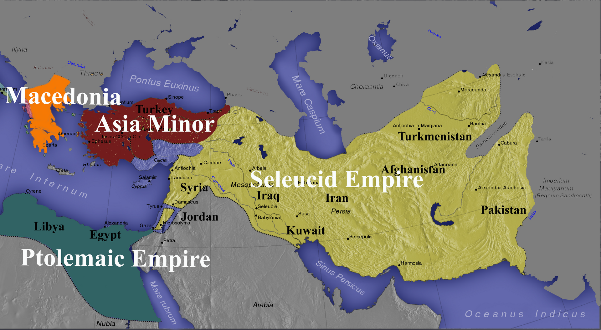 Map of empires: Macedonia (orange), Asia Minor (red), Ptolemaic (green), and Seleucid (yellow).