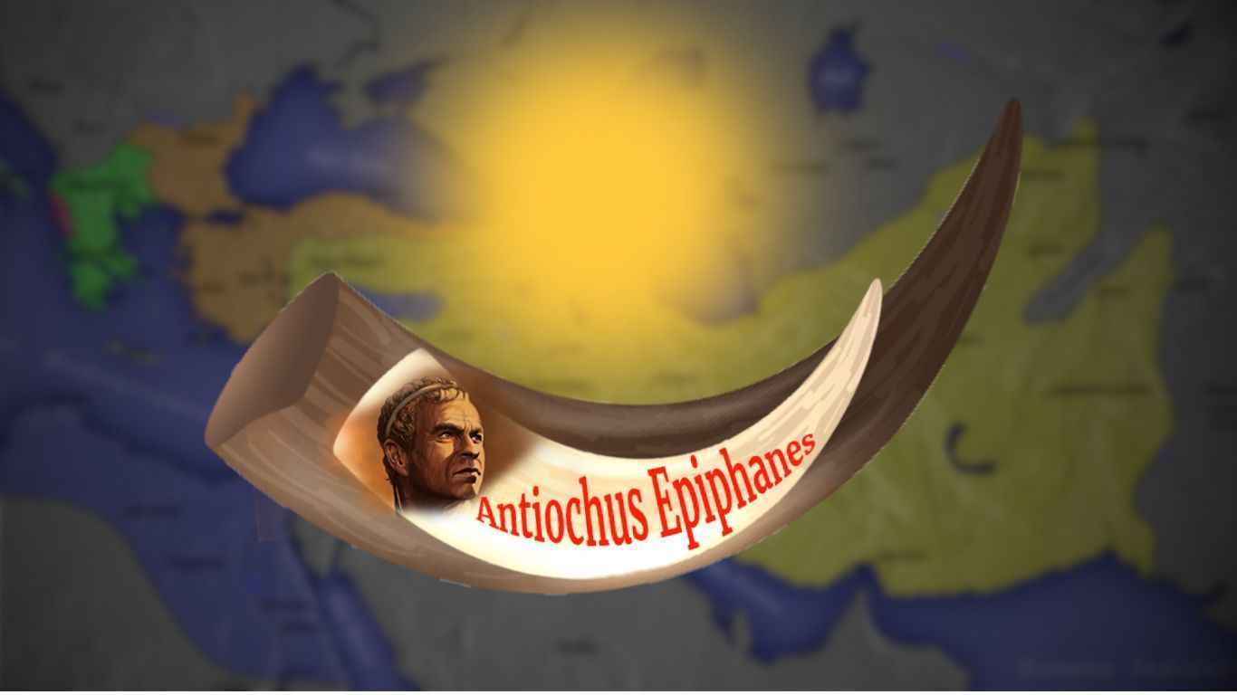 Map with Antiochus Epiphanes in a scroll, illuminated by a yellow light.