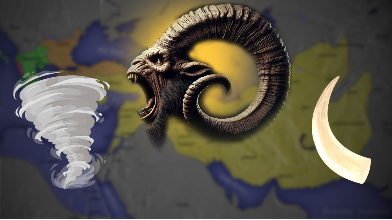 Ram's head with open mouth, tornado, and tusk on a map background.
