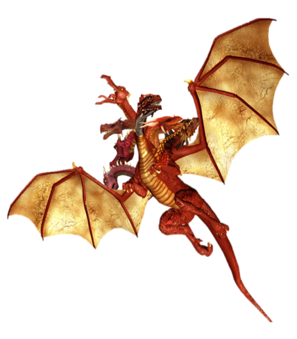 Red, multi-headed dragon with outstretched golden wings, flying against white background.