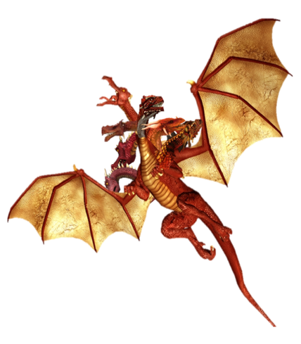 Red dragon with five heads and large golden wings in flight.