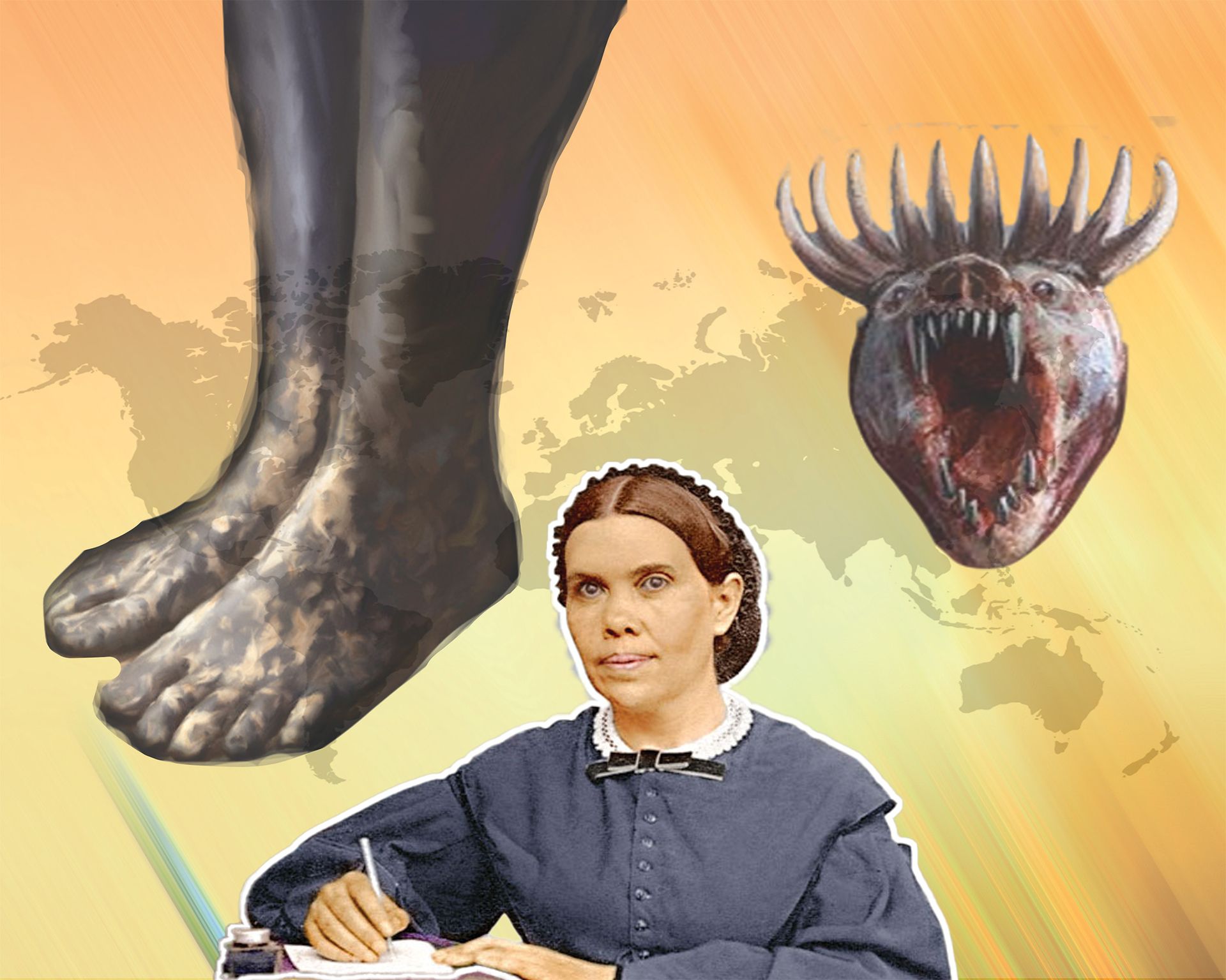 Woman writing, large feet and a monster head over a map.