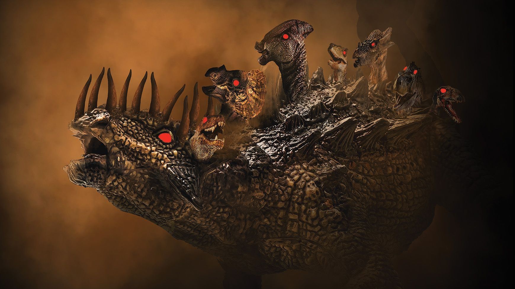 A multi-headed reptilian monster with red eyes and large teeth in a hazy, brown setting.