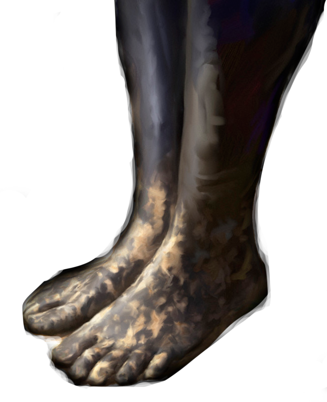 Bare legs and feet, covered in dark mud, against a white background.
