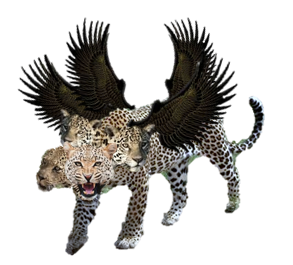 A creature with leopard bodies, six heads, and two sets of eagle wings.