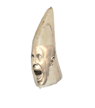 A tooth with a sculpted face, mouth open in a scream.