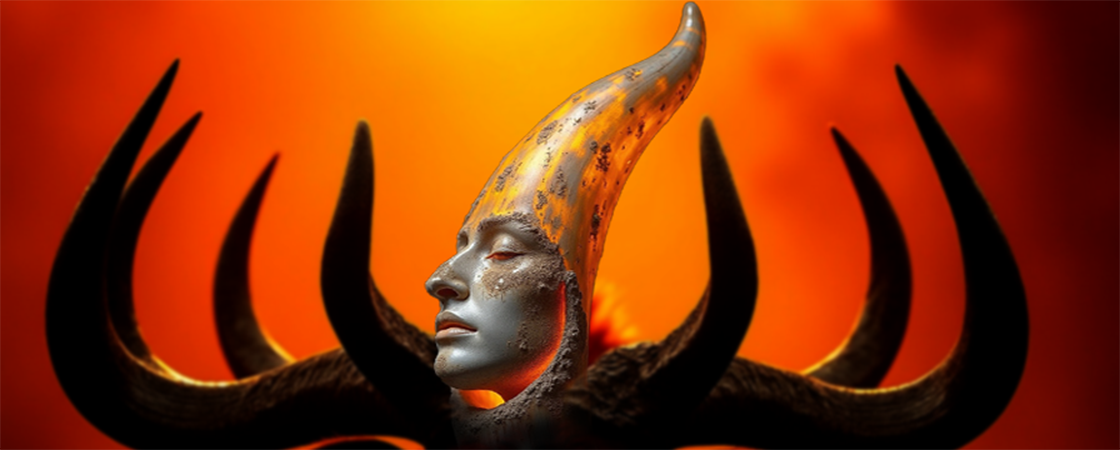 A profile of a woman with a large horn and dark curved horns against a fiery orange background.