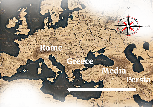 Map showing ancient regions: Rome, Greece, Media, and Persia, with a compass rose.