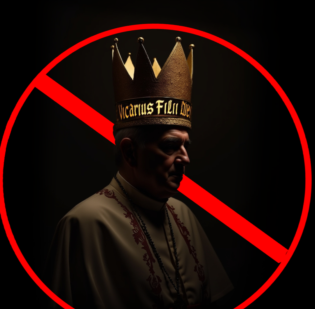 A man in a papal crown, crossed out by a red prohibition symbol.