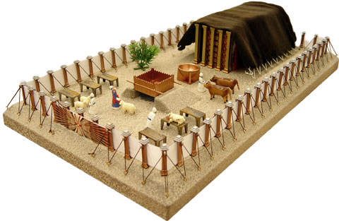 Model of the Tabernacle in the desert, with a tent, altar, and animals within a fenced area.