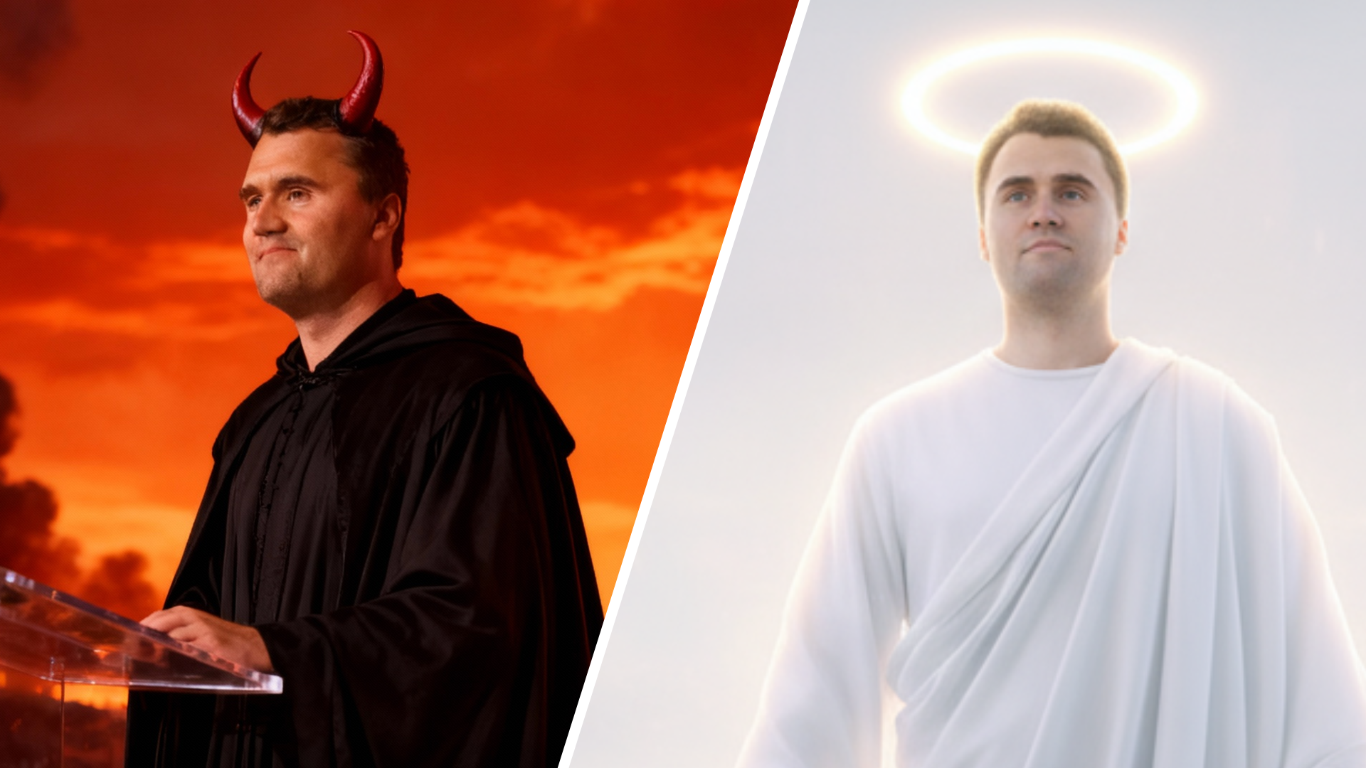 Charlie Kirk depicted as devil with horns in hell and as angel with halo in heaven.