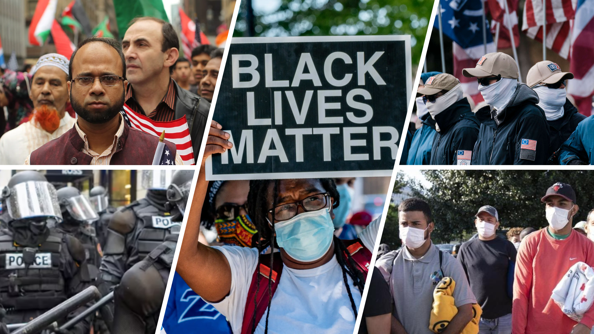 Collage: Protesters, police, and people wearing masks. Signs include 