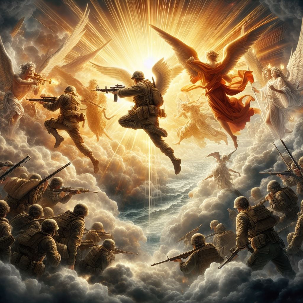 Soldiers with rifles fight alongside angels in a heavenly, sunlit battle.