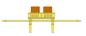 A gold, rectangular Ark of the Covenant with two stacks of brown tablets and two poles.