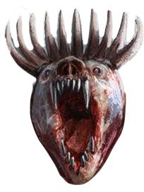Fearsome creature head with open, bloody maw and spiked crown.