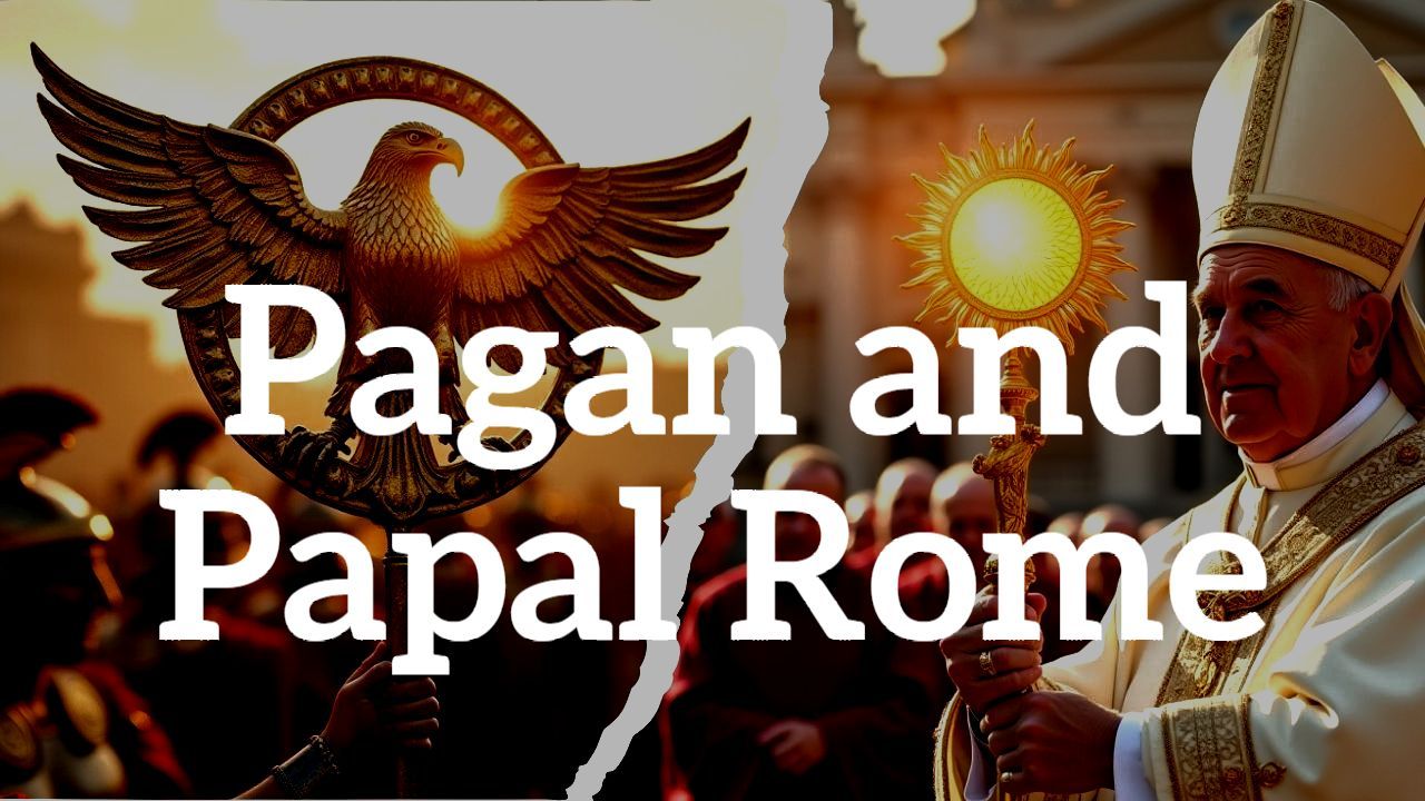 Split image: Left, golden eagle statue; Right, Pope holding sunburst, 