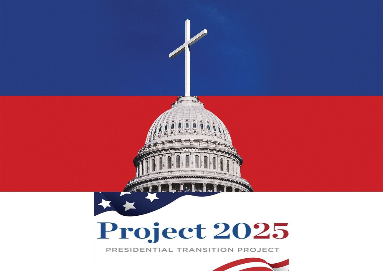 U.S. Capitol dome with cross on top, blue and red background,