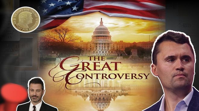 Composite image: Capitol building, US flag, two men, old coin, and text "The Great Controversy".