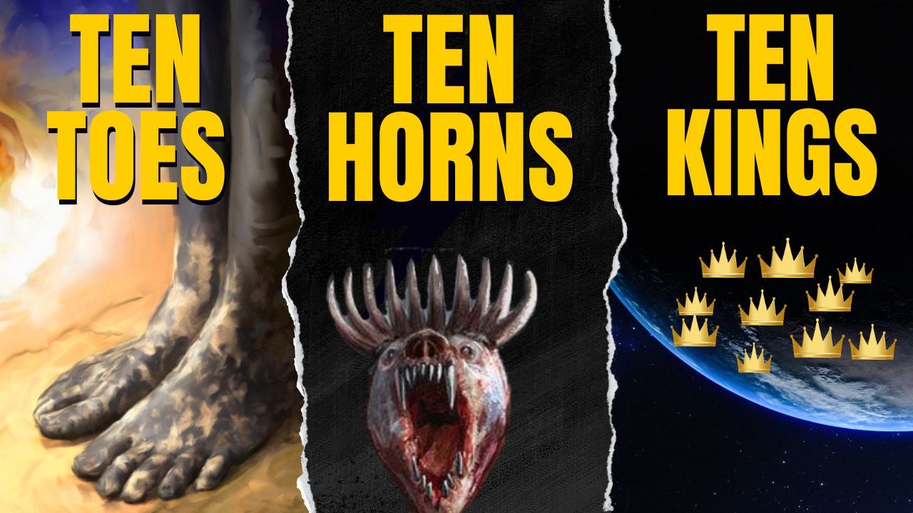 An illustration with three panels: giant feet, a monstrous head with horns, and a group of gold crowns.