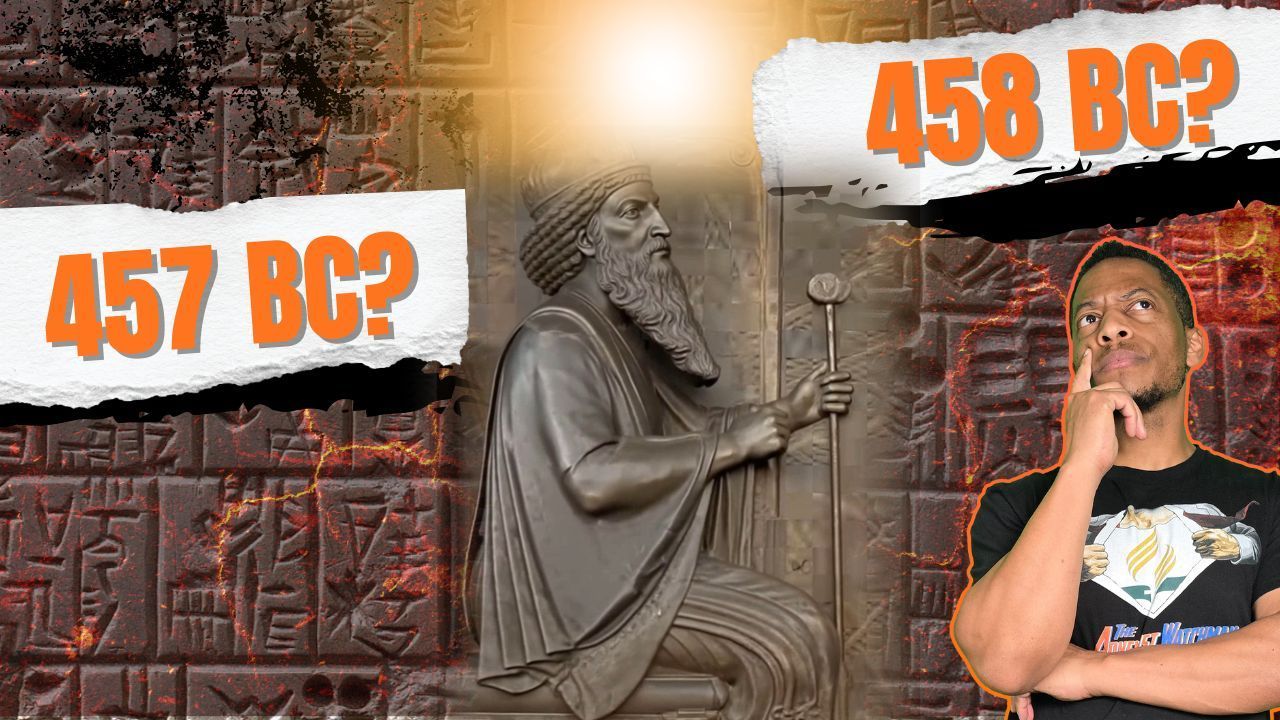 Man pondering, with background of ancient stone carvings and statue; dates 457 BC and 458 BC on banners.