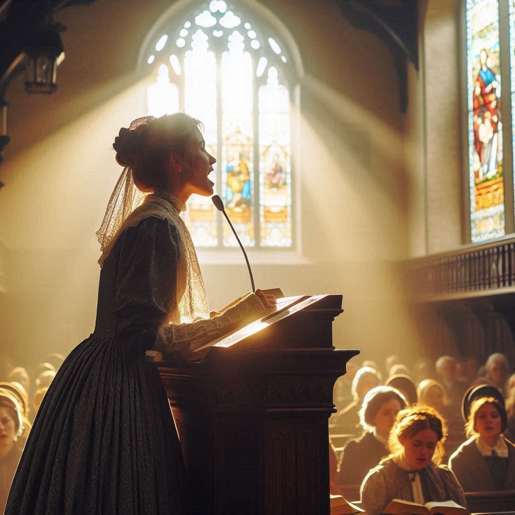 Woman in vintage dress speaking at a church pulpit; sunlight streams through stained glass, illuminating the congregation.