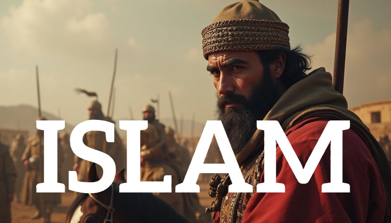 Man in historical attire with soldiers and the word 