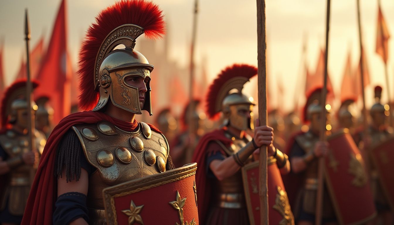 Roman soldiers in gold armor and red plumes holding spears, preparing for battle.