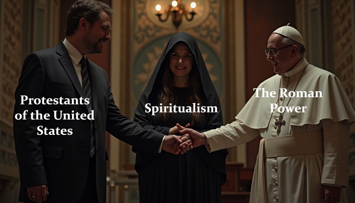 A meeting; a man, woman, and Pope shake hands. Text labels: Protestants, Spiritualism, Roman Power. Indoors, ornate.