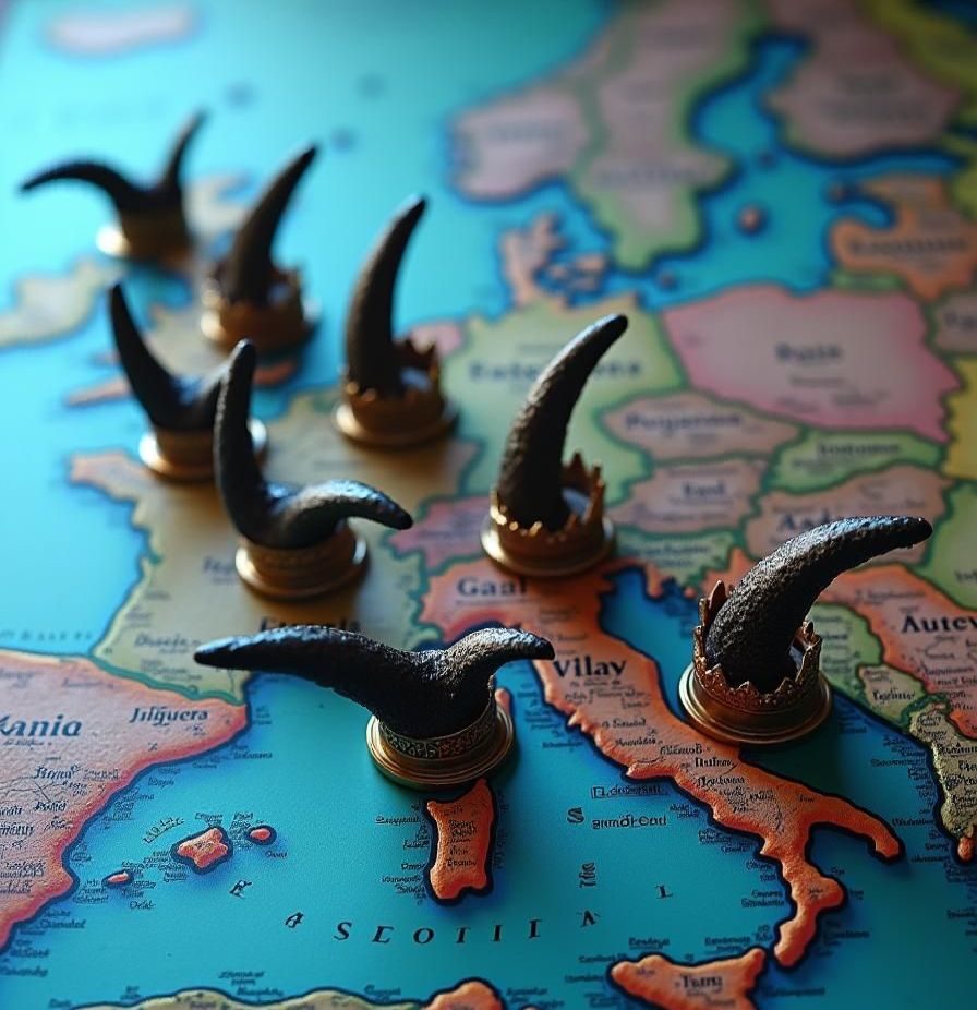 Horn-shaped game pieces on a map of Europe, focused on the Mediterranean.