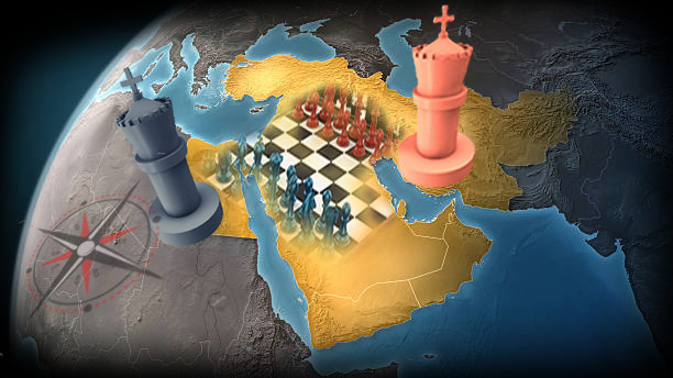Chess pieces and a chessboard overlayed on a map of the Middle East, with a compass rose.