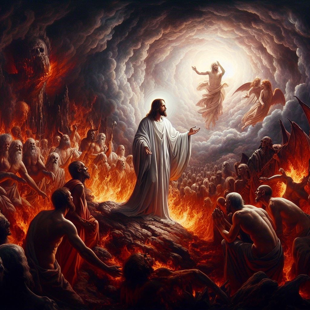 Jesus preaching, surrounded by tormented souls in hell, looking towards an ascending figure in a bright light with angels.