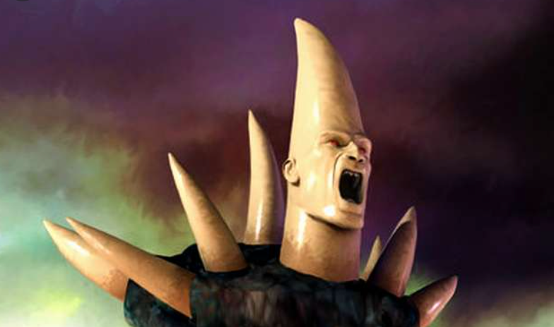 Statue of a screaming humanoid figure with a conical head and spiky collar, set against an ominous purple and green background.