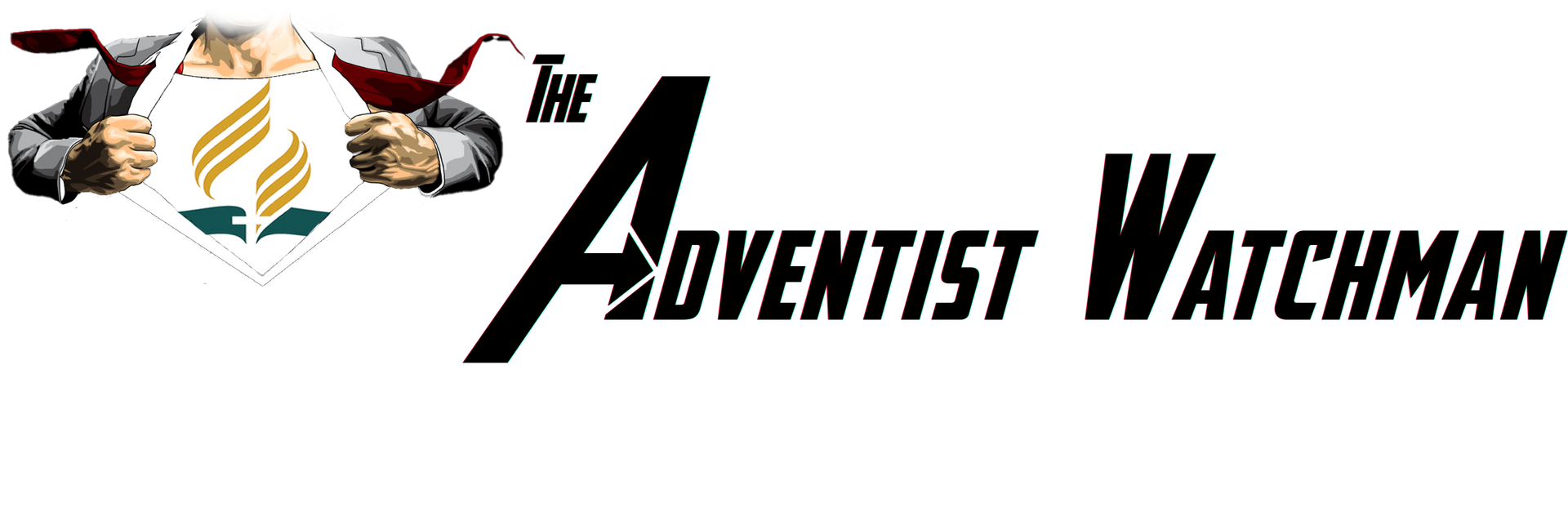 Logo of The Adventist Watchman. Two arms holding a glass of wine, a logo with two flames, and text.