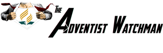 Logo of The Adventist Watchman. Two arms holding a glass of wine, a logo with two flames, and text.