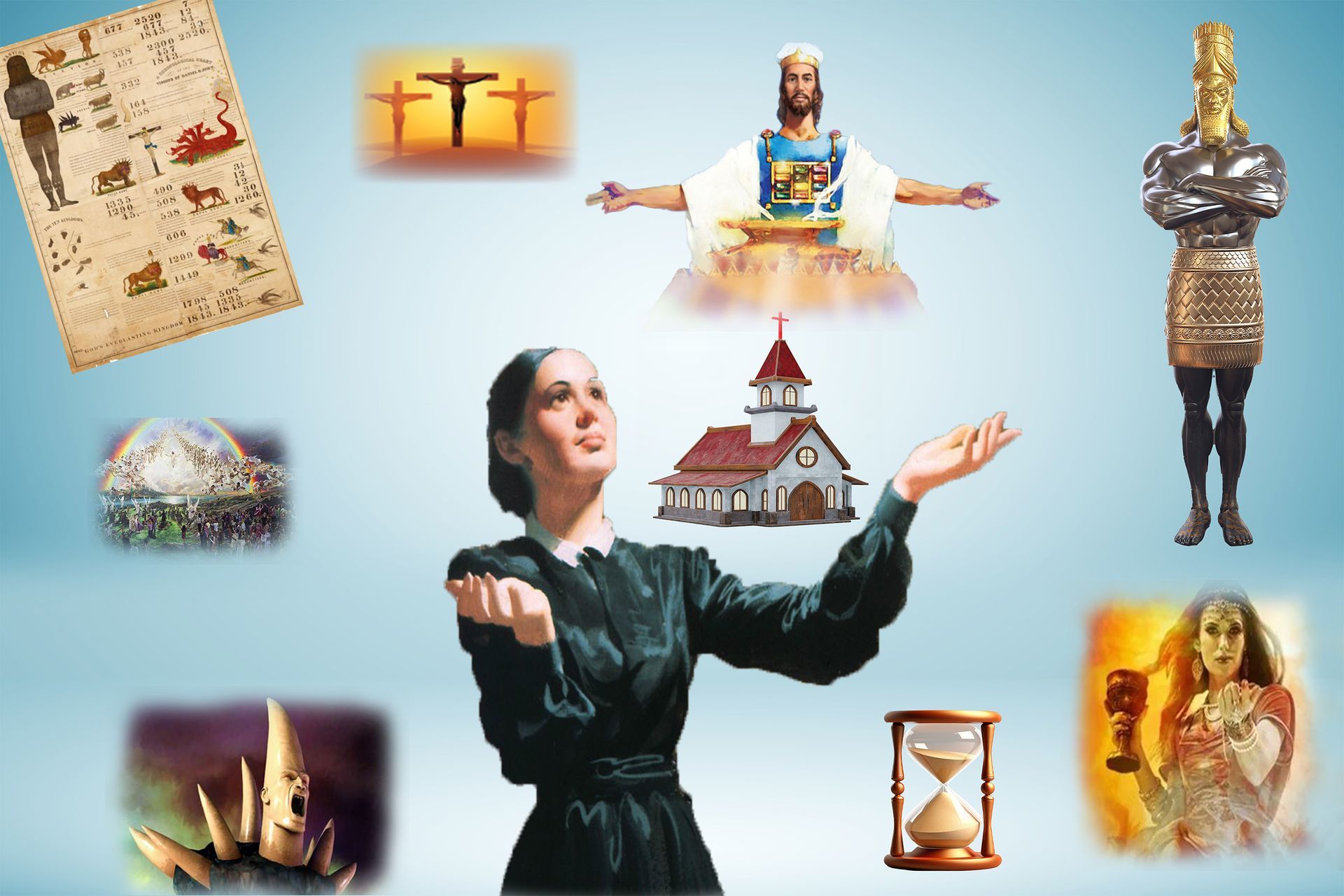 Woman with outstretched hands surrounded by religious symbols: church, crucifixion, hourglass, and other figures.