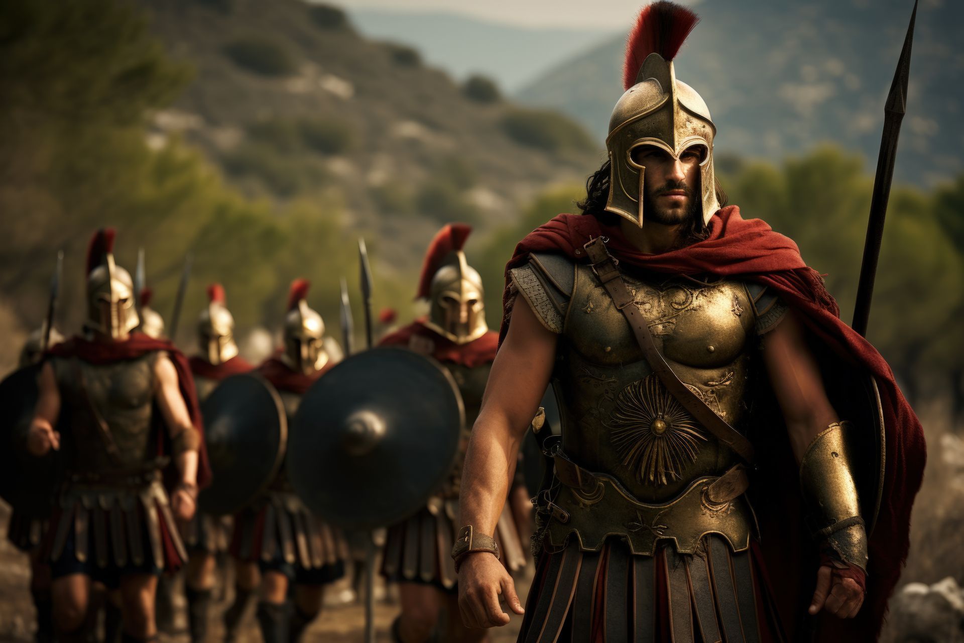 Greek soldiers in armor and helmets march in a line, outdoors. Some carry shields and spears.