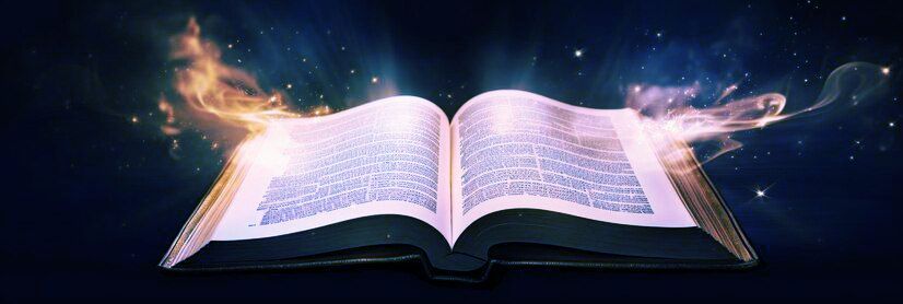 An open book glows with light and smoke, set against a starry blue background.