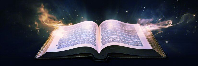 Open book with glowing pages against a starry background, surrounded by wisps of light.