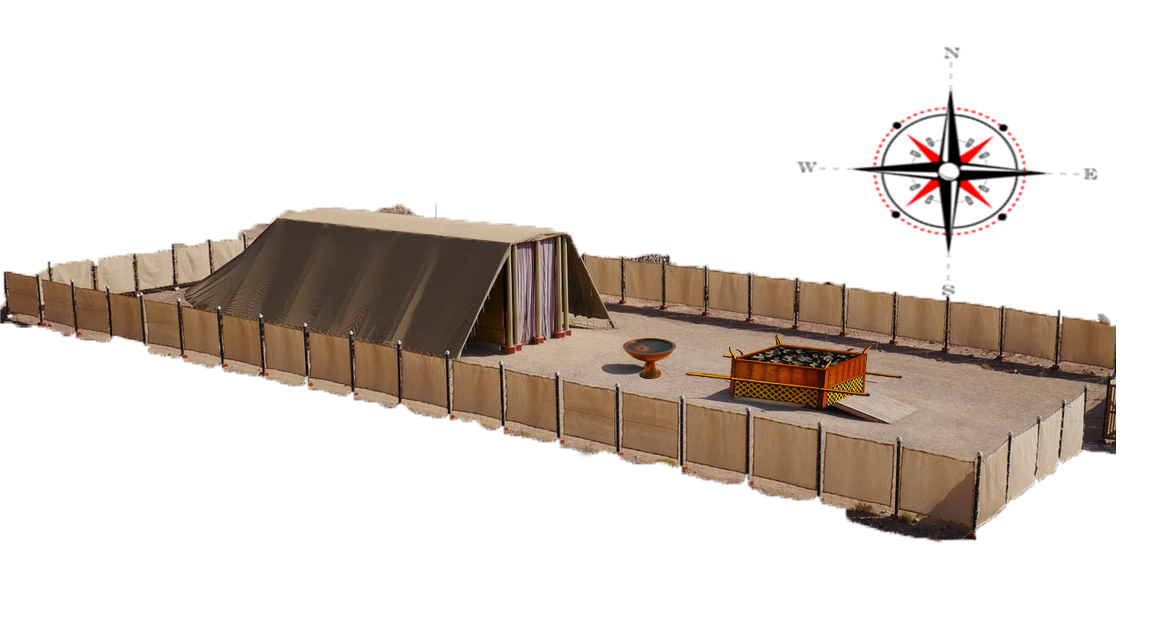 Model of a Biblical Tabernacle, a tent-like structure enclosed by a wooden fence, with a compass rose in the upper right.