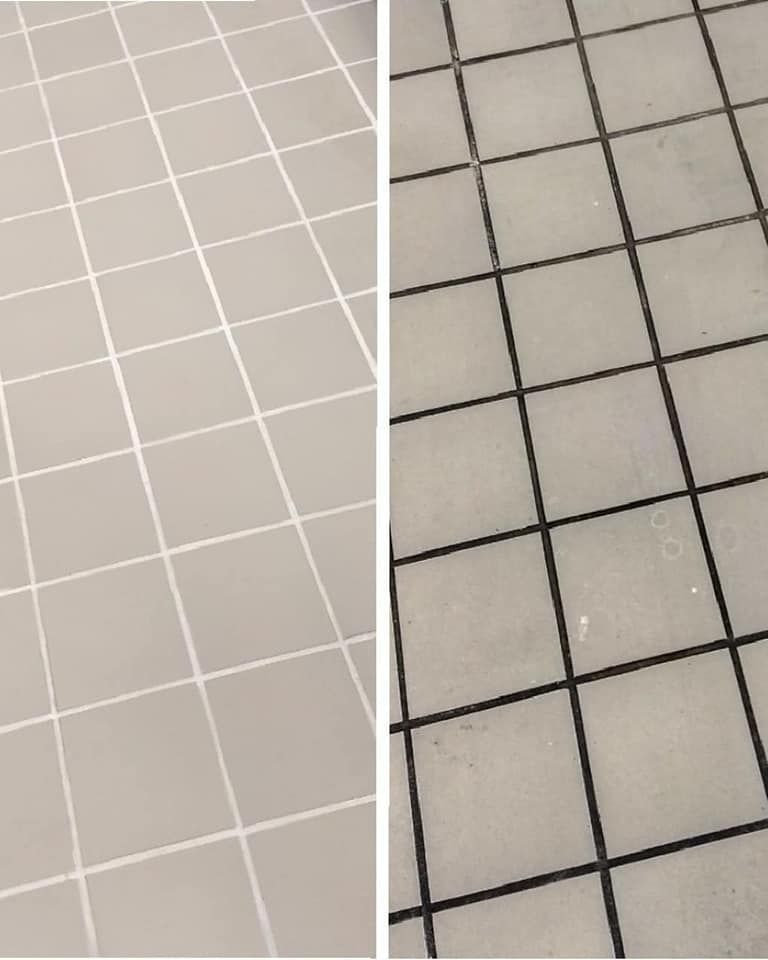 A before and after picture of a tile floor