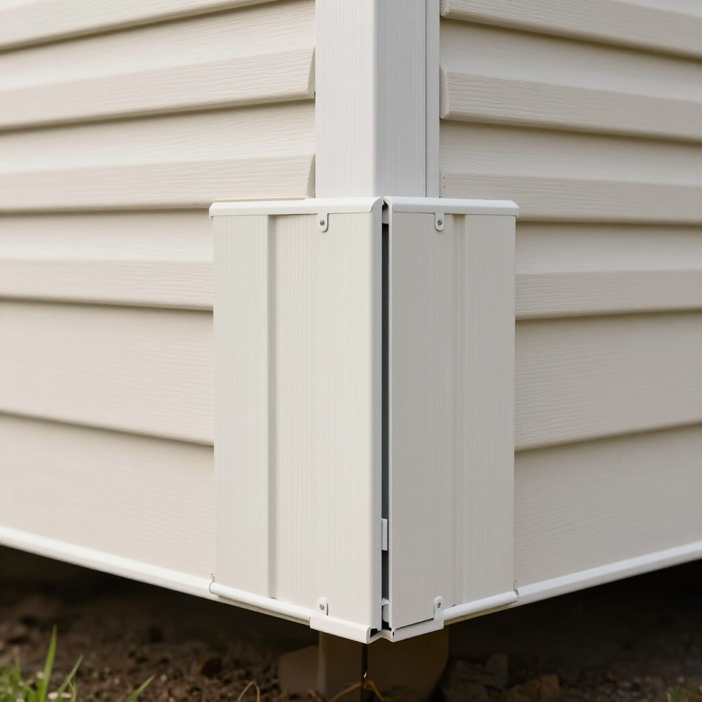 Close-up of beige house siding corner with white utility box cover at the base