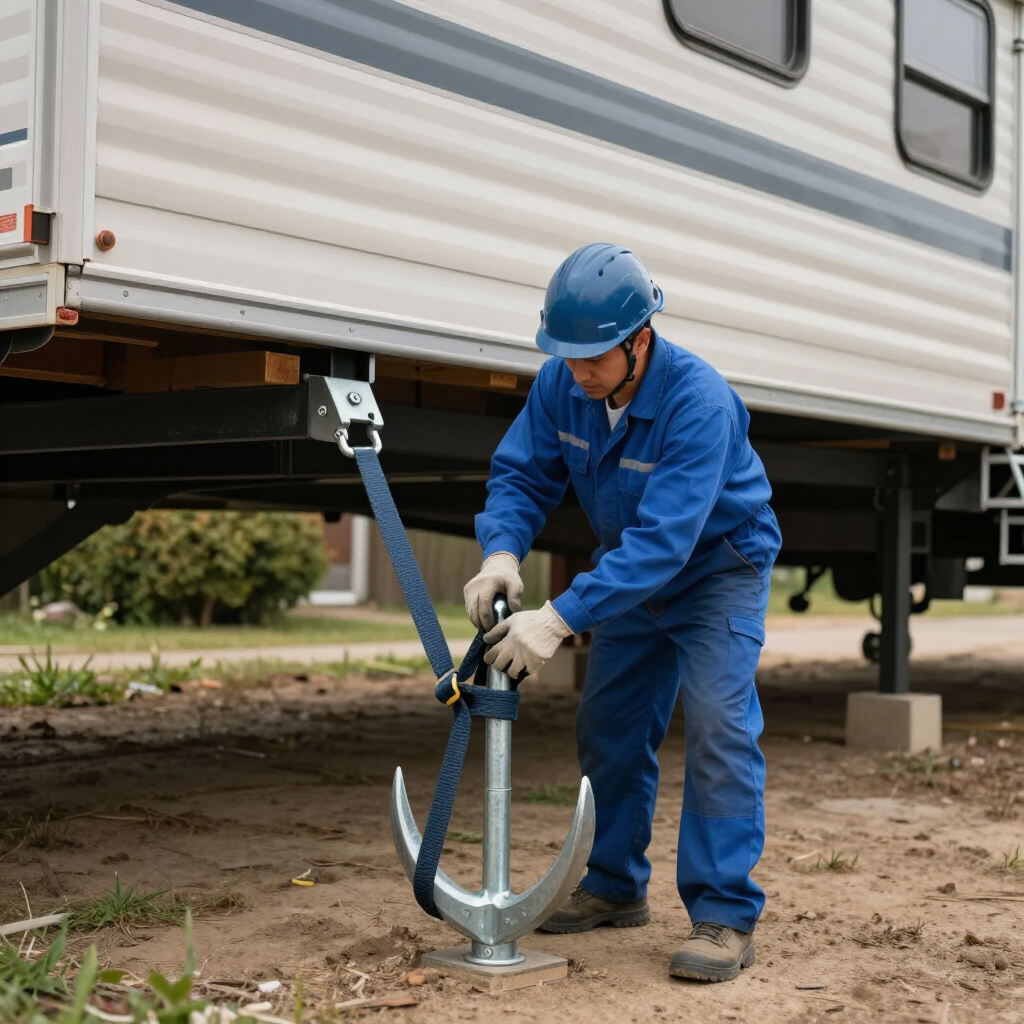 Worker in blue coveralls and helmet adjusting a trailer jack on dirt ground.