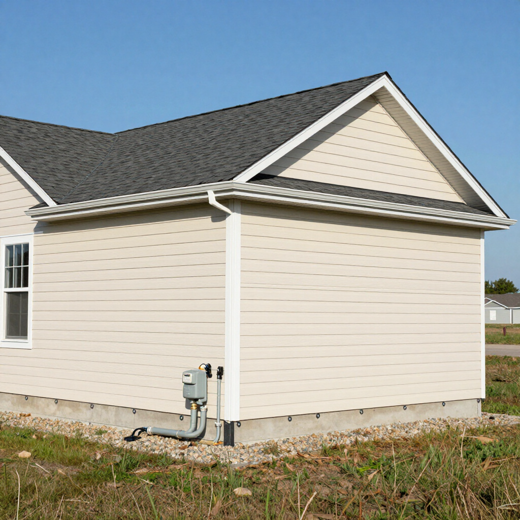 Exterior corner of a beige house with gray shingle roof and utility meters near the foundation