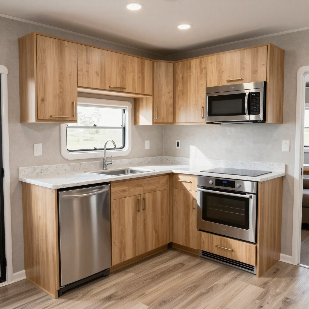 Compact modern kitchen with wood cabinets, stainless steel appliances, white countertops, and light wood flooring