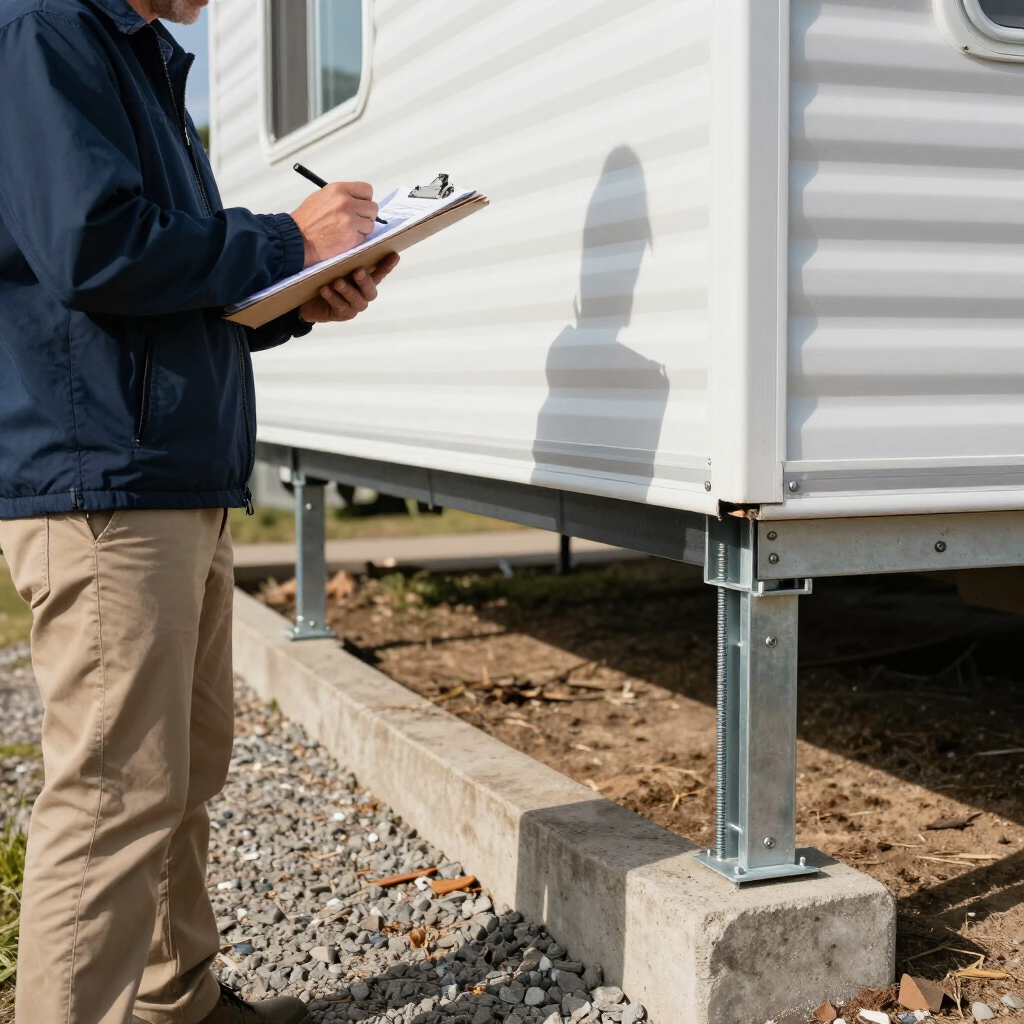 Inspector taking notes beside a white modular building on concrete piers