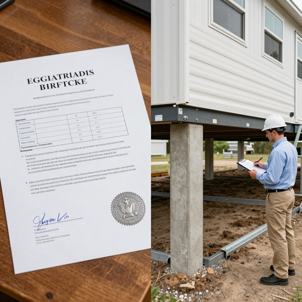 Egg Harbor Township permit document beside a worker inspecting a raised house on steel supports