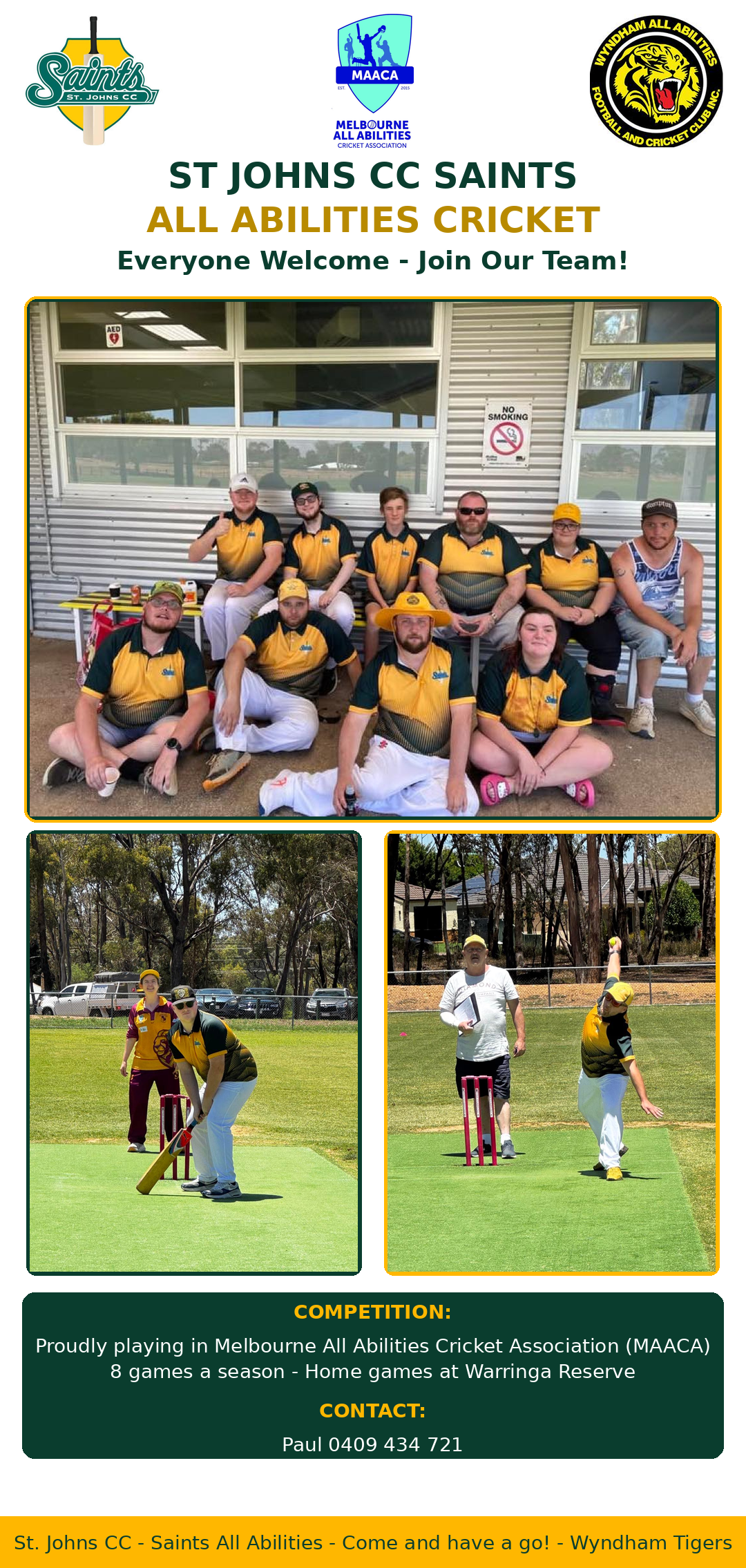 St. John’s School all-abilities cricket team posing in yellow uniforms, with action shots and match title text.