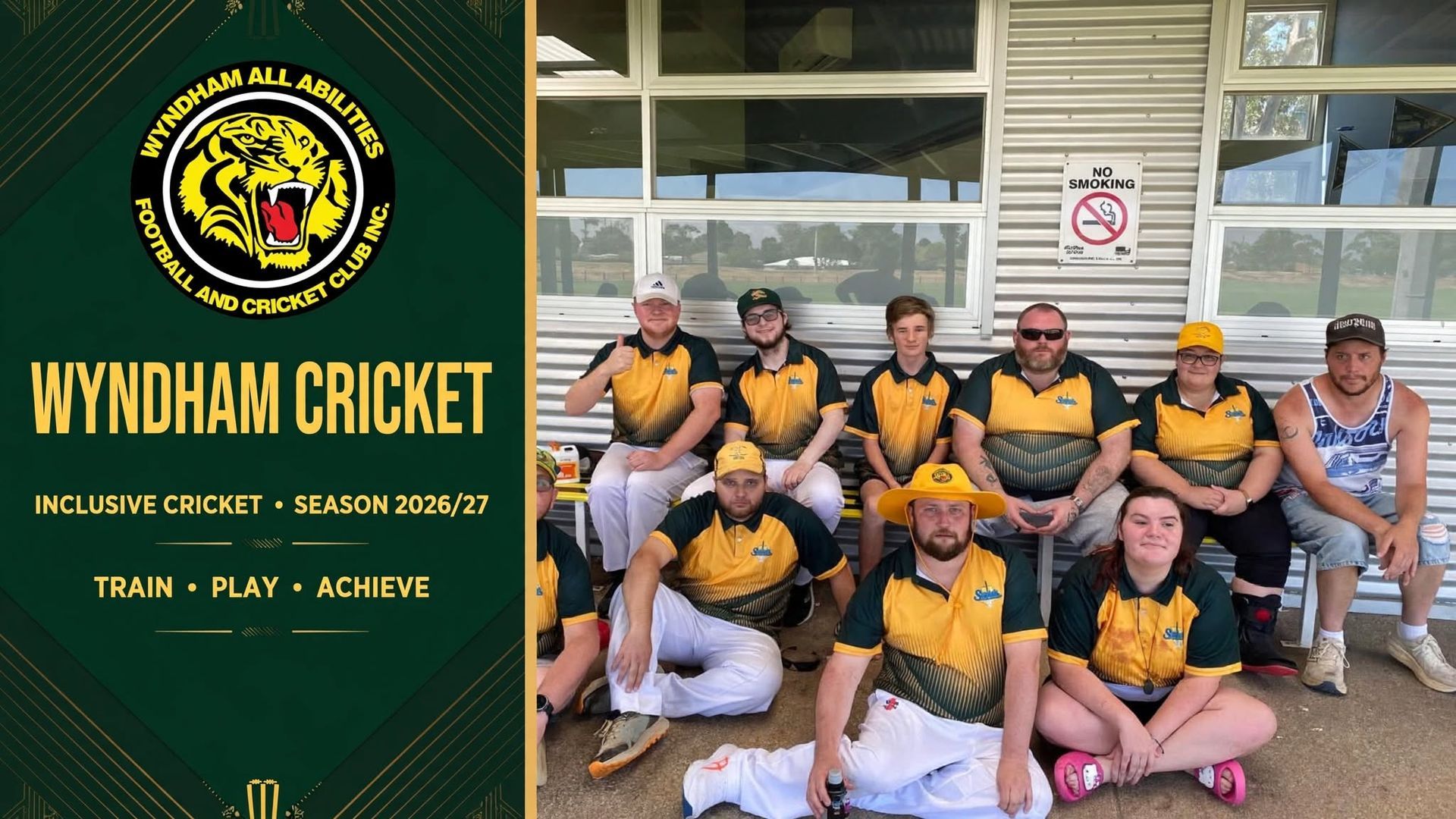 Wyndham Cricket team photo with club logo, yellow-and-black jerseys, posing outside a building