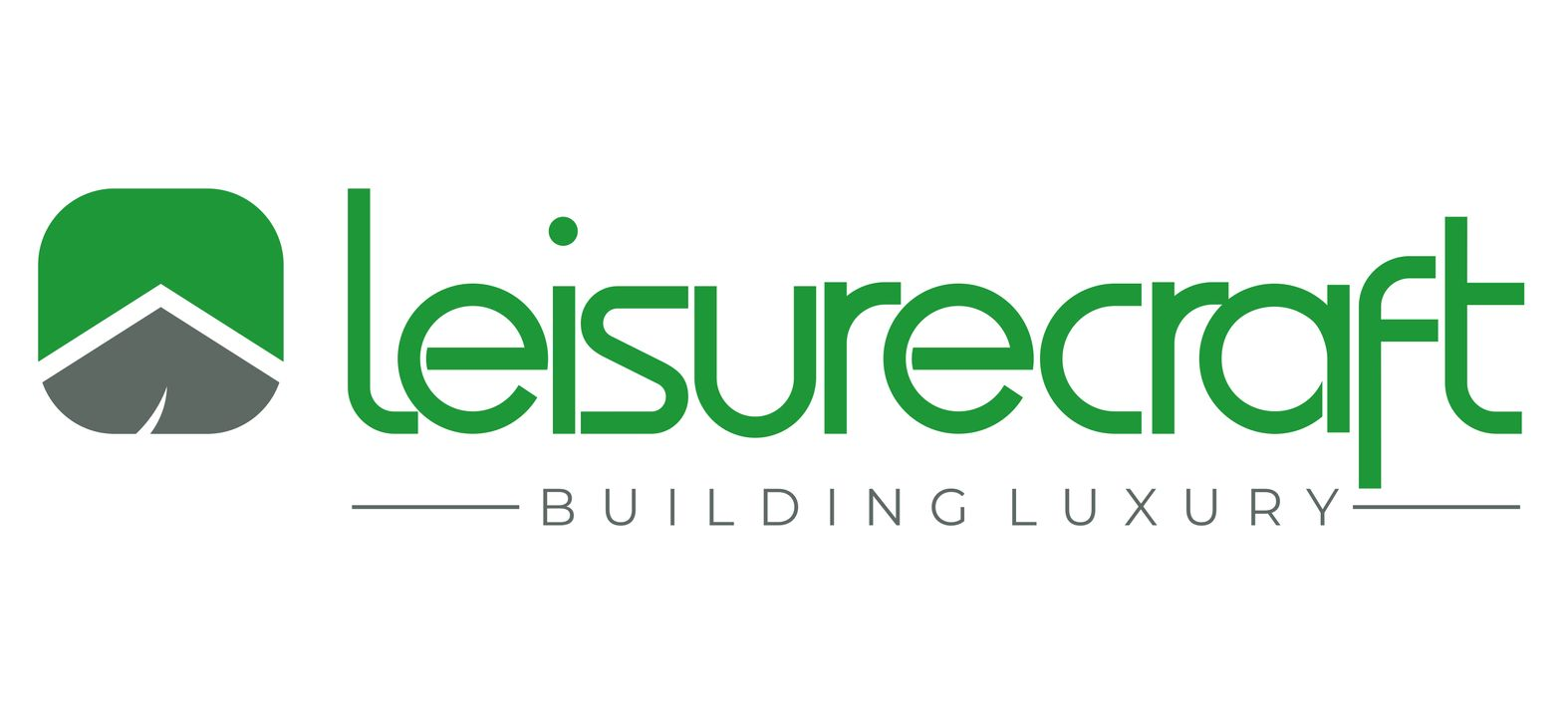 Leisurecraft logo: green rounded mountain icon and text,