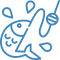 A line drawing of a fish catching a fish on a fishing rod.
